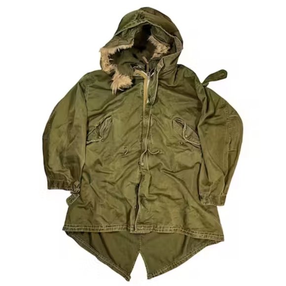 1951 True Vintage Green Fur Trim Military Fishtail Jacket Coat XL